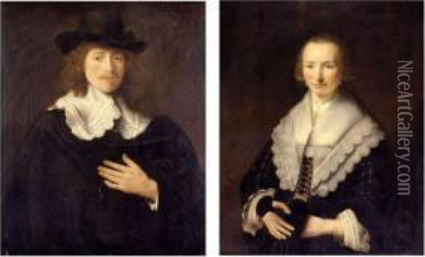 Portrait Of A Gentleman And Portrait Of A Lady: A Pair Of Paintings Oil Painting - Govert Teunisz. Flinck