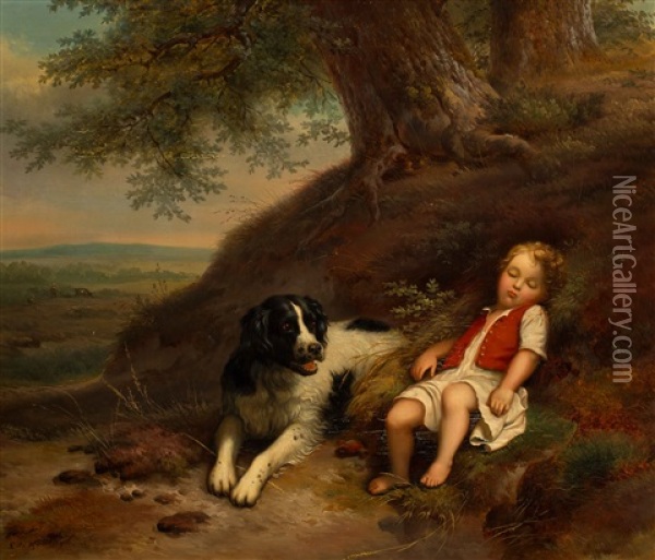 Resting Boy With His Dog In A Landscape Oil Painting - Sophia de Koningh