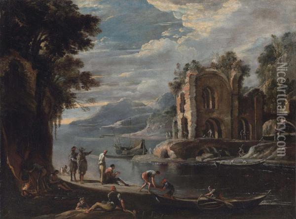 A Coastal Landscape With Ruins, Fishermen Unloading Their Catch Oil Painting - Domenico Gargiulo