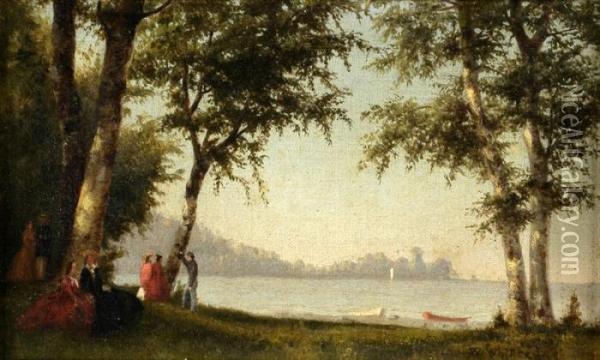 Figures Beside A Lake Oil Painting - Thomas Worthington Whittredge