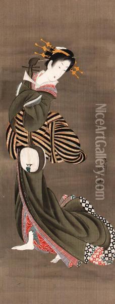 Geisha With Shamisen Oil Painting - Hotei Gosei