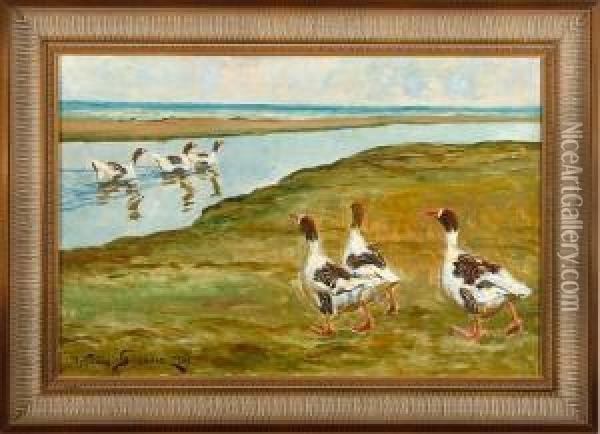 A Coastal Scenery With Geese. Signed. Dated 1926 Oil Painting - William Gislander