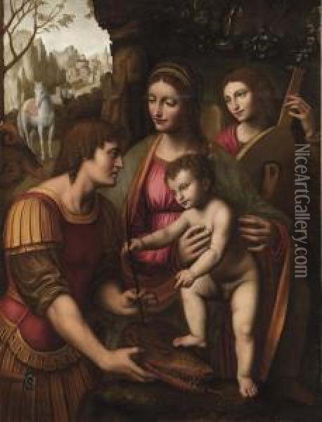 Vierge A L'enfant Avec Saint Georges Et Un Ange Musicien Oil Painting - Bernardino Luini