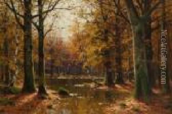 Herbstlicher Waldteich. Oil Painting - Walter Moras