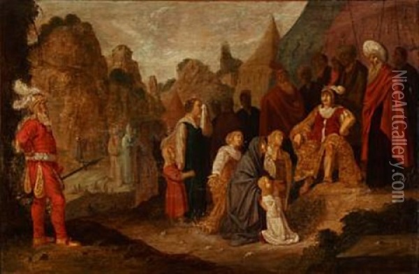 Two Religious Scenes: One With Women And Children Interceding With A Commander, The Other With A Procession Of People With Bulls And Garlands (2 Works) Oil Painting - Rombout Van Troyen