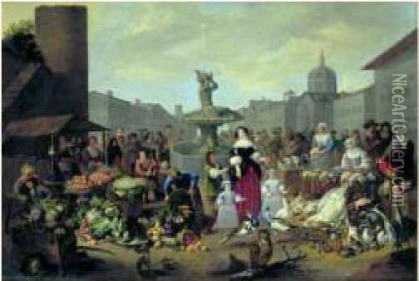 Scene De Marche Place Navone (?) A Rome Oil Painting - Matheus van Helmont