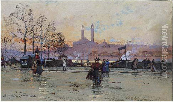 Promeneurs Sur Les Bords De La Seine Oil Painting - Eugene Galien-Laloue