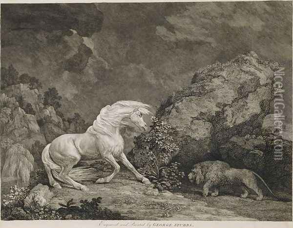 A Horse Affrighted by a Lion, engraved by the artist Oil Painting - George Stubbs