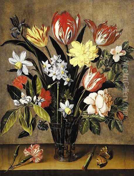 Tulips, daffodils, carnations, a rose and an iris in a berkemeyer with a butterfly on a wooden ledge Oil Painting - Jacob van Hulsdonck