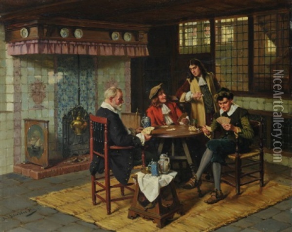 Kartenspieler Am Tisch In Der Stube Oil Painting - Albert Friedrich Schroeder
