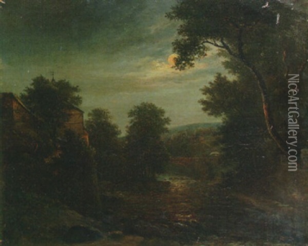 A Moonlit Wooded River Landscape Oil Painting - Karl Gottfried Traugott Faber