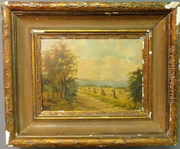 A Fall Hayfield Landscape Oil Painting - Peschel Carl Gottlob