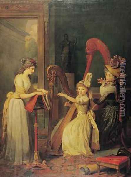 Harp lesson given by Madame de Genlis to Mademoiselle dOrleans with Mademoiselle Pamela Turning the Pages 1842 Oil Painting - Jean Baptiste Mauzaisse