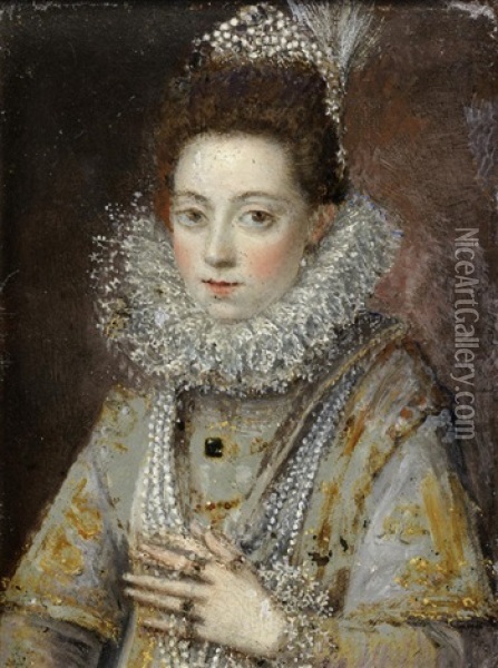 Portrait Of A Lady, Half-length, In An Embroidered Dress And Pearls Oil Painting - Sofonisba Anguissola