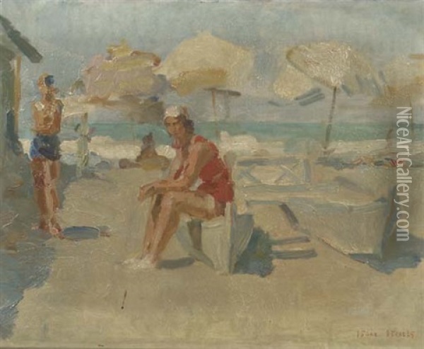 Lidostrand Met Parasols En Bootjes: At The Beach Of The Lido, Venice Oil Painting - Isaac Israels