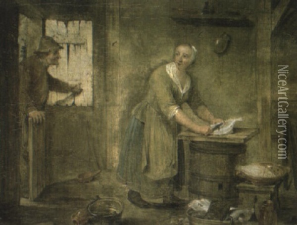 A Peasant Woman Preparing Fish In A Cottage With A Peasant Man At A Door Oil Painting - Pieter Angillis