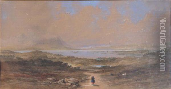 Figure And Cattle In Extensive Lake Land And Mountainous Landscape Oil Painting - George Lowthian Hall