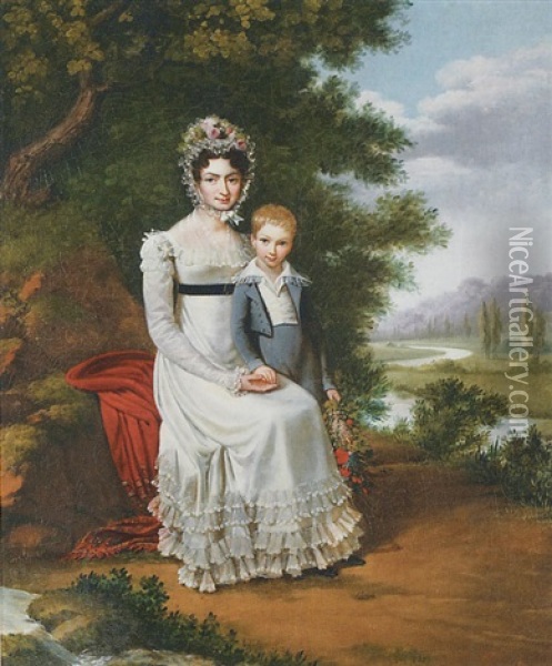 Portrait D'une Femme Et De Son Enfant Oil Painting - Edouard Henri Theophile Pingret