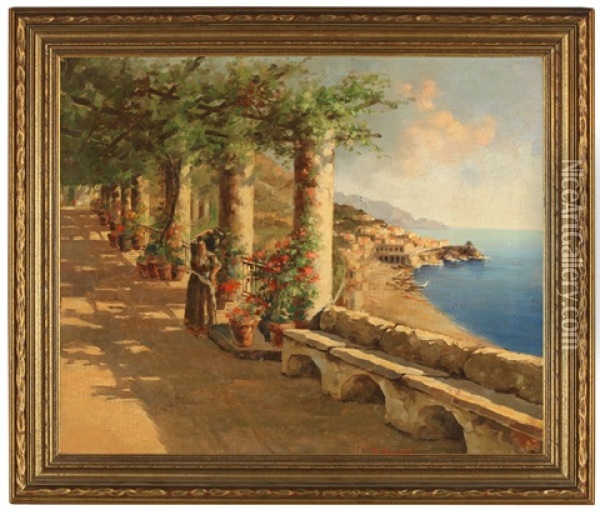 Veduta Di Amalfi, Napoli, Women Standing On A Walk Overlooking The Amalfi Coast Oil Painting - Victorio Bianchini