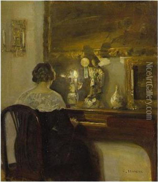 Young Woman Playing The Piano Oil Painting - Carl Vilhelm Holsoe