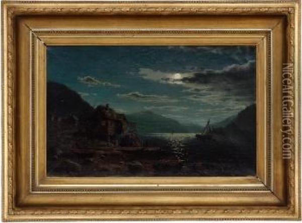 Kystlandskap Med Folkeliv, Maneskinn 1867 Oil Painting - Amaldus Clarin Nielsen