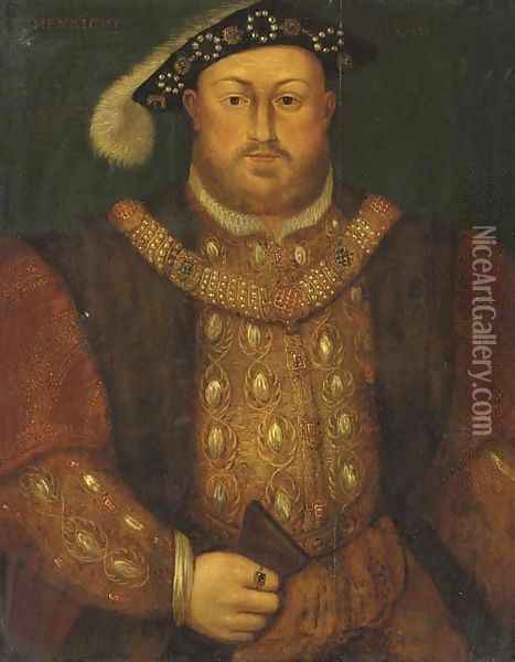 Portrait of Henry VIII (1491-1547), half-length, in a fur-trimmed coat, jeweled doublet and chain Oil Painting - Hans Holbein the Younger
