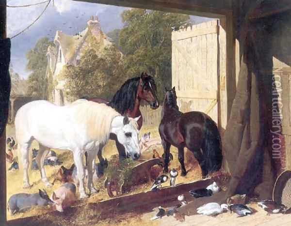 Stable Yard at Meopham Park 1847 Oil Painting - John Frederick Herring Snr