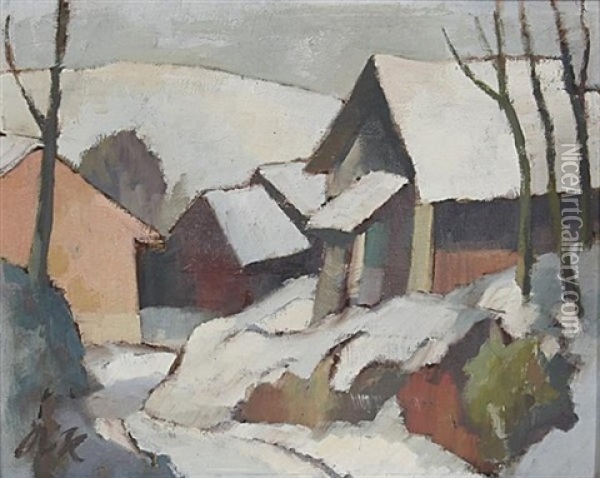 Hauser Im Schnee. Winterliche Schwarzwaldlandschaft Oil Painting - Albert Rieger