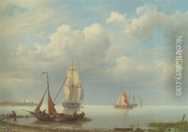 A Coastal Landscape With Fisherfolk Coming Ashore Oil Painting - Hermanus Koekkoek the Elder