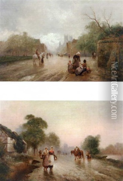 A Traveller On A Grey Horse, With A Woman Selling Vegetables By The Roadside Oil Painting - James Walter Gozzard