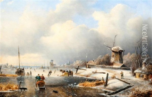 Dutch Winter Scene With Skaters On River Estuary, Windmills And Cottages To The Right With Village Beyond Oil Painting - Charles Henri Joseph Leickert