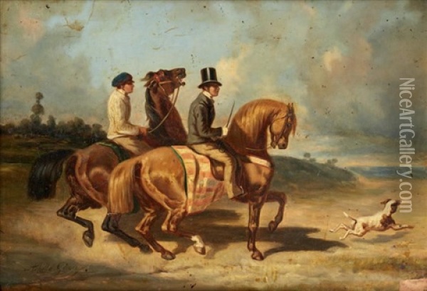 Cavalier Et Son Lad Dans Les Dunes (after Alfred De Dreux) Oil Painting - Andre Giroux