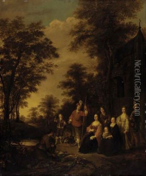 An Elegant Family In A Wooded Landscape Oil Painting - Gerrit Ludens