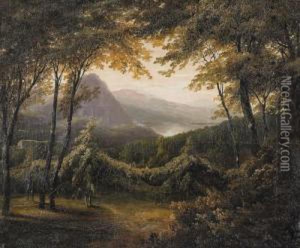 Mutter Und Kind Unter Hopfenranken In Waldiger Landschaft. Oil Painting - Rudolf Volmar