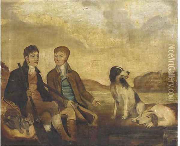 Huntsmen with their dogs resting by a river Oil Painting - English School