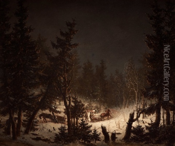 Vinterstycke Dar En Aker Med Fackla Oil Painting - Pehr Hillestroem