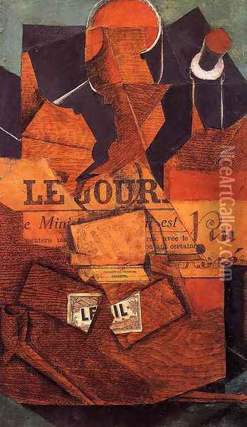 Tobacco, Newspaper and Bottle of Wine Oil Painting - Juan Gris