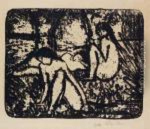 Zwei Sitzende Madchen Vor Liegender Figur (karsch 64) Oil Painting - Otto Mueller