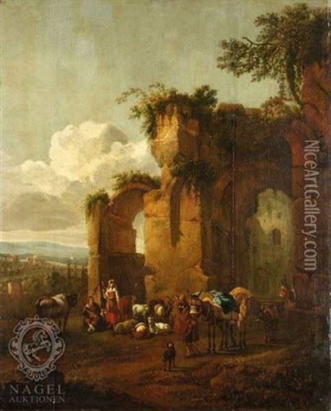 Sudliche Ruinenlandschaft Mit Hirten Oil Painting - Karel Dujardin