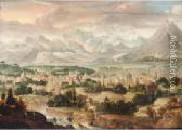 A View Of A Town With Mountains Beyond Oil Painting - Herri met de Bles