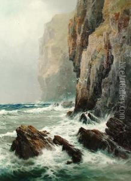 Waves Breaking Against Rocky Cliffs Oil Painting - Reginald Smith