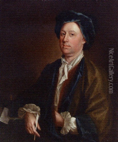 Portrait Of A Gentleman, In A Green And Blue Cloak And Blue Hat, Holding A Quill Oil Painting - Isaac Whood