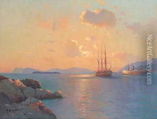 Two ships at sunset Oil Painting - Aleksei Vasilievich Hanzen