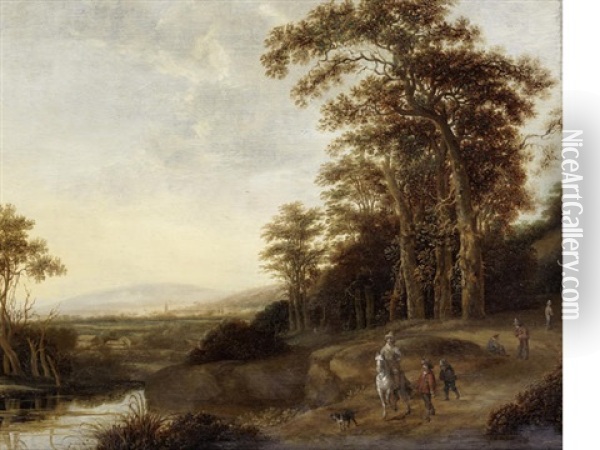 Travellers On A Country Path, In A River Landscape Oil Painting - Jan Jansz Van Houthuysen