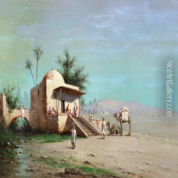 Beduins Taking A Rest On The Outskirts Of The Desert Oil Painting - Jean Baptiste Paul Lazerges