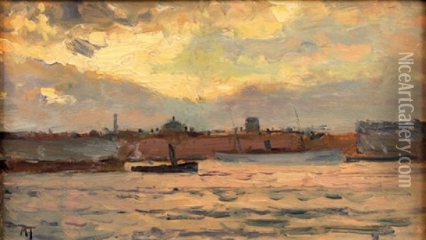 Coucher De Soleil Sur Le Port Oil Painting - Michail Stiepanovitch Tkatchenko