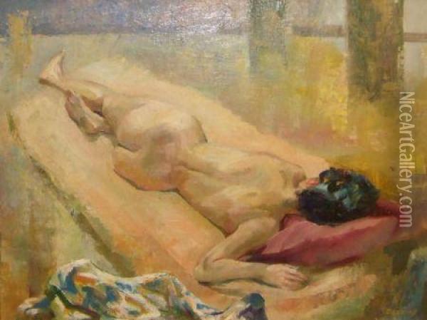Reclining Nude (see Artists Label Verso) Oil Painting - Harry Fred Darking