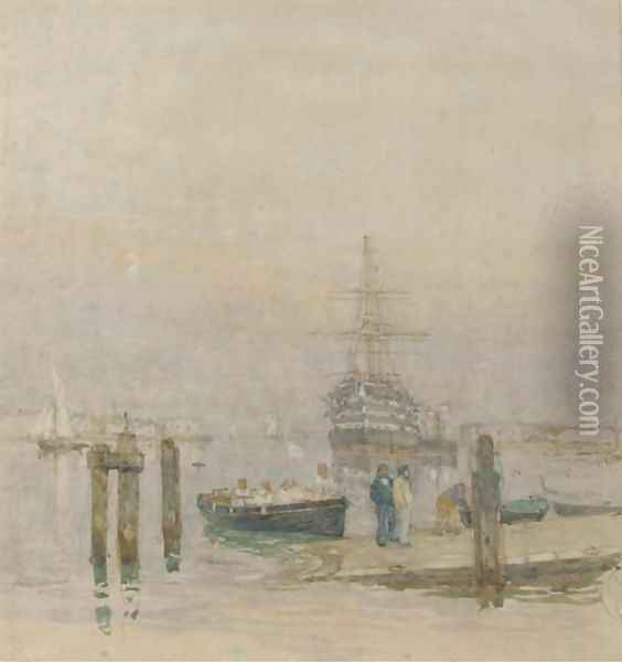 H.M.S. Victory lying at her permanent mooring in Portsmouth Harbour Oil Painting - Henry Robert Robertson