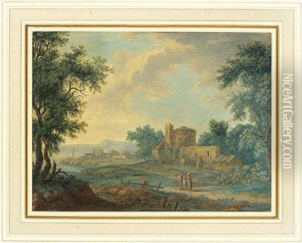 A Pair Of Landscapes With Figures And Buildings By A River Oil Painting - Karl Sebastian Von Bemmel