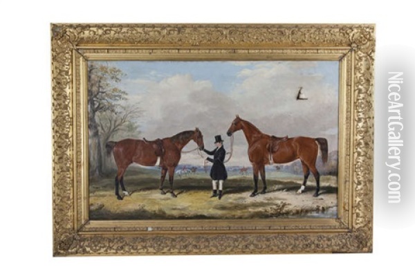 A Hunt Servant, Believed To Be Dixon Holding Hunters In A Landscape Oil Painting - Thomas Walker Bretland